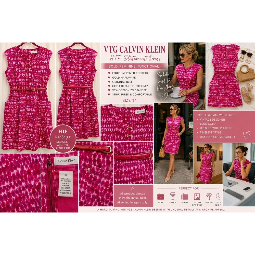 VTG Calvin Klein 14 Fuchsia Cotton Dress 4 Pocket Belt Gold Hardware HTF EUC